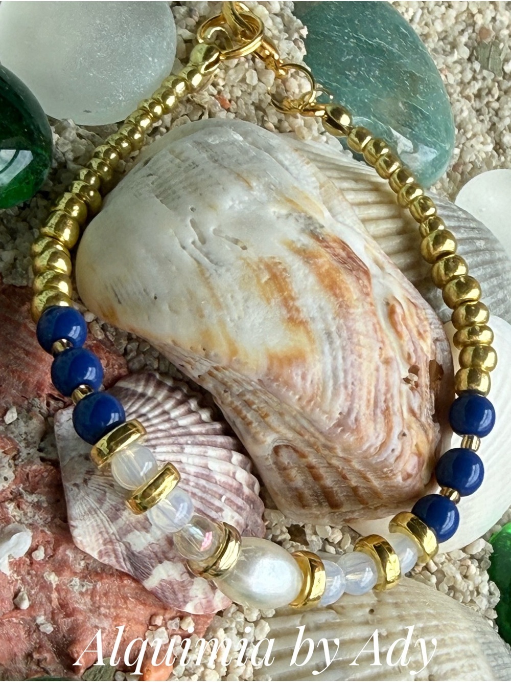 MOONSTONE + Baroque pearl Navy Blue and Gold Beaded Bracelet
